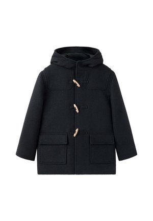 Schwarzer Kapuzen-Dufflecoat mit drei Holz-Knebelverschlüssen und zwei vorderen Klappentaschen.