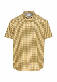 Korte mouw knoopdown shirt in een geel en grijs ruitpatroon, met een borstzak en een rechte zoom. Gemaakt van lichtgewicht stof.