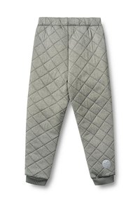 Šedé prošívané kalhoty s diamantovým vzorem, elastickým pasem, žebrovanými manžetami a malou kulatou nášivkou s logem blízko kotníku na pravé noze.