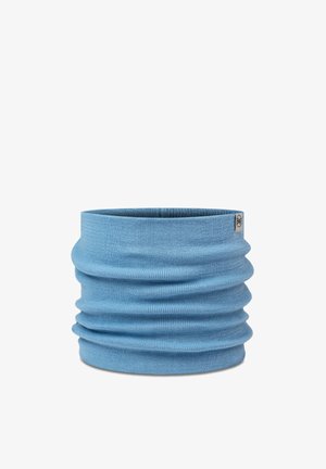 Light blue tubular neck gaiter made of soft, stretchy fabric, featuring subtle texture and a small logo tag.