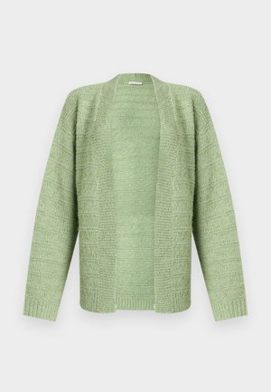 Cardigan en maille vert clair à ouverture devant, avec des motifs texturés horizontaux et verticaux, manches longues, poignets et ourlet côtelés.