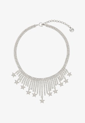 Collar de tono plateado con filas de rhinestones claros y charms en forma de estrella colgantes, que cuenta con un cierre de cadena ajustable.