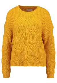 Gelber, gestrickter Pullover mit lockerem Schnitt, ausgestattet mit einem Wellenmuster, langen Ärmeln und Rundhalsausschnitt. Hergestellt aus einem strukturierten Garn.