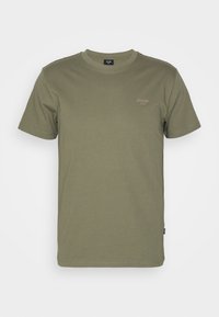 Olive green cotton t-shirt, short sleeves, crew neck, featuring a small light logo on the chest and a straight bottom hem.