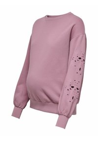 Felpa per maternità di colore rosa chiaro con scollo rotondo, maniche a sbuffo e dettagli in pizzo floreale sui polsini. Tessuto morbido e texturizzato.