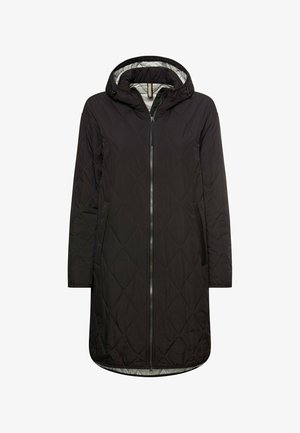 Schwarzer, gesteppter langer Mantel mit Kapuze, ausgestattet mit einem vorderen Reißverschluss und seitlichen Taschen, gefertigt aus glattem, leichtem Material. Das Innenfutter ist kontrastierend.