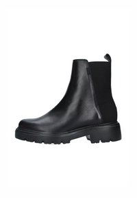 Stivaletto in pelle nera con pannelli laterali elastici, suola in gomma spessa e linguetta sul retro per una facile calzata.
