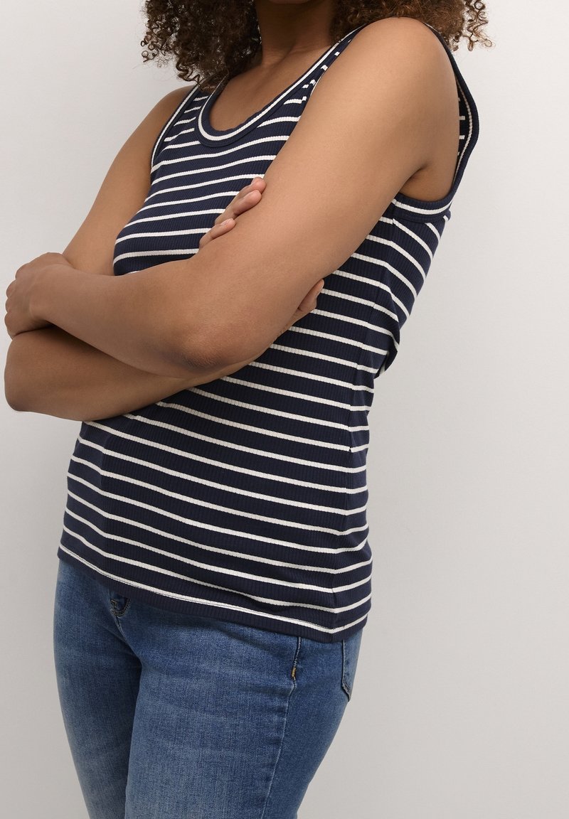 Marinblå rippad linne med vita ränder, rundad halsringning och ärmlös design. Bärs med blå jeans.