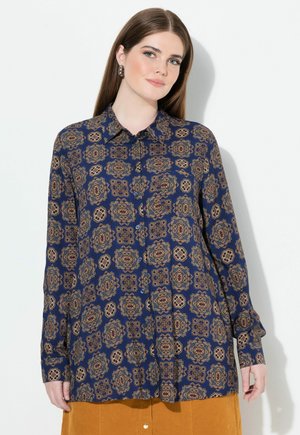 Long-sleeve shirt in navy with an ornate gold and burgundy pattern, featuring a button-up front and collared neckline.