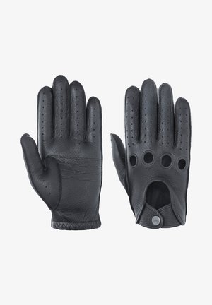 Gants en cuir noir avec une finition texturée, présentant des perforations sur le dos et une découpe au niveau du poignet avec un fermoir à pression.
