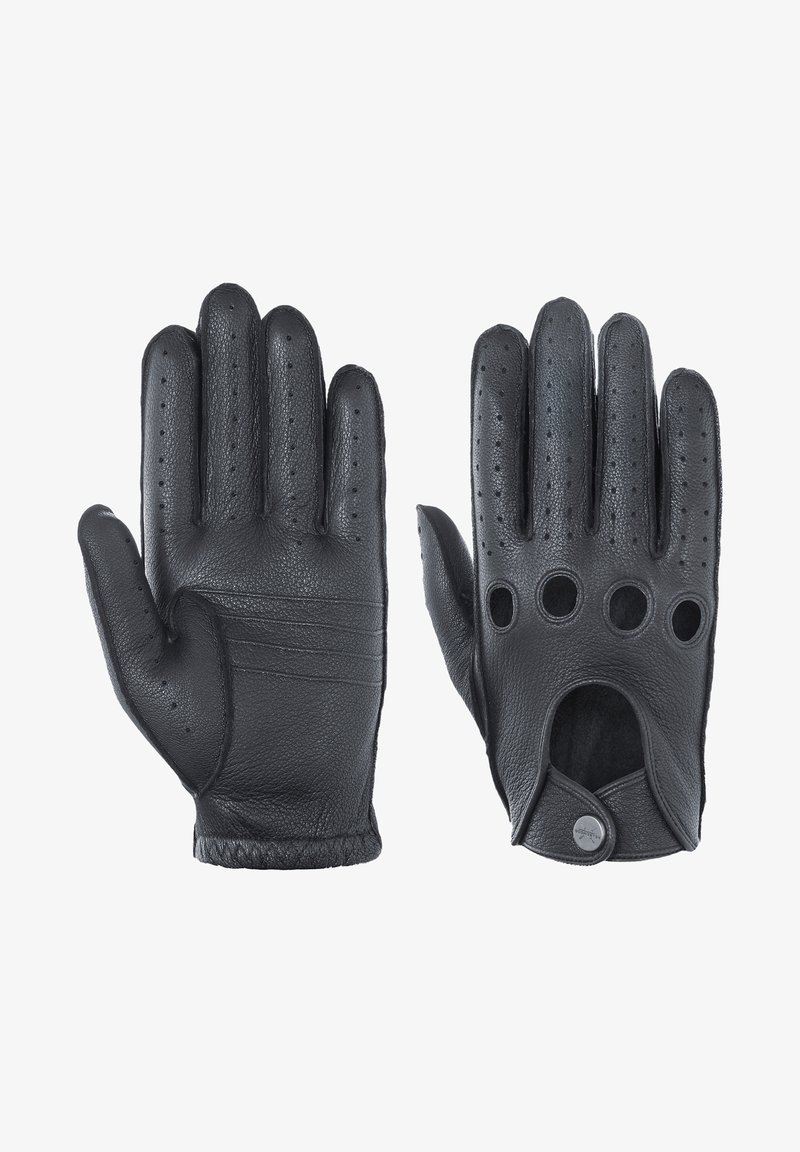Schwarze Lederhandschuhe mit strukturierter Oberfläche, die an der Rückseite Perforationen und einen Ausschnitt am Handgelenk mit einem Druckknopfverschluss aufweisen.
