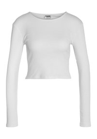 Bílý dlouhý rukáv crop top vyrobený z ribbed materiálu s kulatým výstřihem. Hladká textura, přiléhavý střih a žádné viditelné ozdoby.