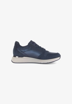 Navy sneaker featuring a mix of matte and glossy materials, textured accents, a cushioned sole, and a smooth overall design.