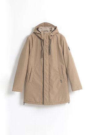 Parka impermeable beige con capucha, dos bolsillos laterales, cordones ajustables y un acabado liso y mate.