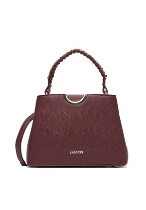 Bolso estructurado de cuero borgoña oscuro con asa trenzada, detalles dorados y el logo "LASOCKI" en la parte delantera.