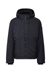 Dark gray hooded jacket with a zip front, textured fabric, side pockets, and elastic cuffs. Features a small chest pocket and adjustable hood.