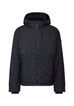 Dunkelgraue Kapuzenjacke mit Reißverschluss vorne, strukturiertem Stoff, Seitentaschen und elastischen Bündchen. Sie verfügt über eine kleine Brusttasche und eine verstellbare Kapuze.