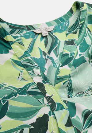 Groen-wit blouse met een bladmotief, V-hals en maatlabel "38/40" van Cellbes uit Zweden.
