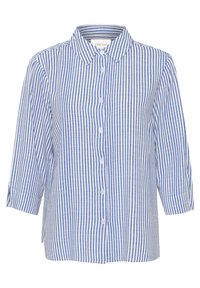 Button-up shirt in blue and white stripes, featuring a collar, three-quarter sleeves, and a loose fit. Made of lightweight, textured fabric.