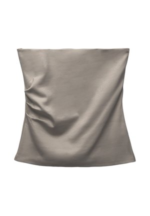 Top in tessuto beige elasticizzato con una superficie liscia, caratterizzato da un scollo dritto e delicate pieghe sui lati. Nessun chiusura visibile.