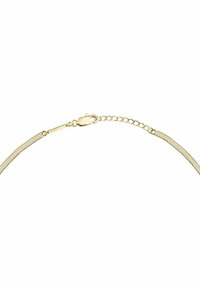 Halsband i guldton med en platt nätdesign, med en säker spänne och justerbara kedjelänkar för anpassning av längd.