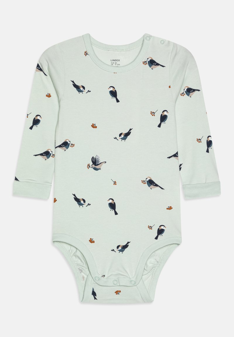 Bodysuit à manches longues de couleur menthe, orné d'un motif d'oiseaux en bleu foncé avec des accents orange, fabriqué en coton doux et doté d'une fermeture à pression au bas.
