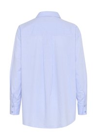 Light blue striped shirt with a collar, long sleeves, and button cuffs. The fabric features narrow vertical stripes and a smooth texture.
