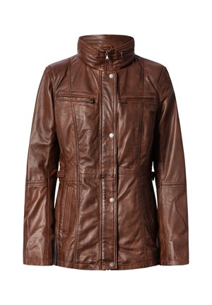 Braune Lederjacke mit hohem Kragen, vorderem Reißverschluss und Druckknöpfen, zwei horizontalen Brusttaschen mit Reißverschluss und zwei vertikalen Seitentaschen.