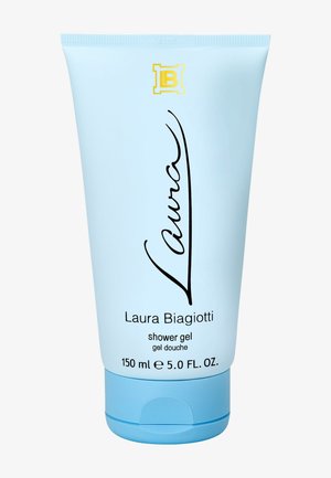 Tube bleu clair de gel douche Laura Biagiotti Laura, 150 ml (5 oz.), avec un capuchon bleu à rabat et un logo doré sur le dessus.