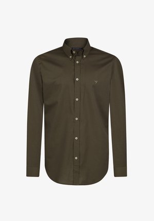 Mørkeolivengrøn langærmet skjorte lavet af blødt stof, med knap-ned krave, forreste knapper og et subtilt broderet logo på brystet.