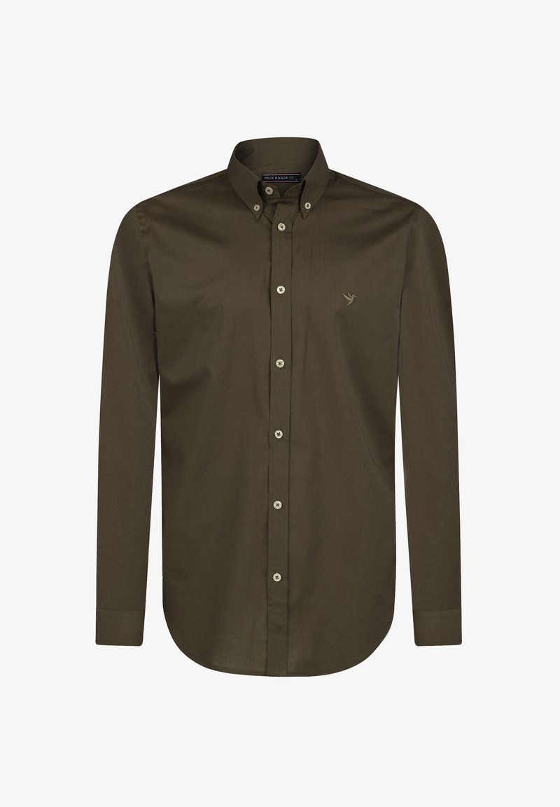 Tumeoliivne pikka varrukaga särk pehmest kangast, millel on nööpidega krae, eesnööbid ja rinna kohal diskreetne tikandidega logo.