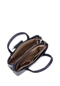 Borsa a mano in pelle blu navy con doppi manici superiori e chiusura con zip. L'interno presenta una fodera beige chiaro e numerosi scomparti per l'organizzazione.
