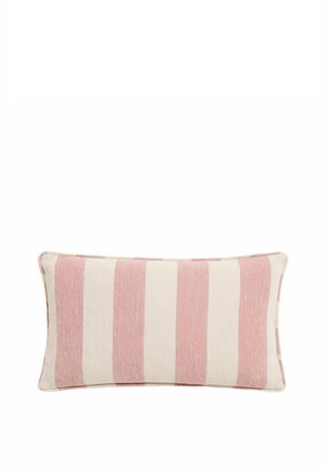 Rectangular pillow with vertical wide stripes in soft pink and off-white colors on a plain white background.
