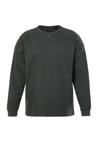 Donkergrijze sweatshirt met lange mouwen en ronde hals, raglanmouwen en gestructureerde schouderaccenten, gemaakt van een zachte katoenmix.