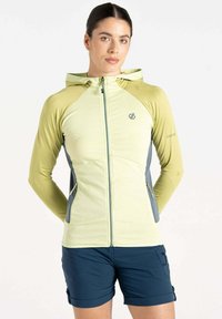 Hellgrüner, zipfelbarer Kapuzenjacke mit kontrastierenden dunkelgrauen Seiten und gelben Akzenten, aus strukturiertem, dehnbarem Material gefertigt.