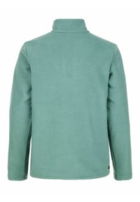 Grøn fleecepullover med høj krave, lange ærmer og en blød tekstur. Bagsiden har ingen synlige logoer eller detaljer.
