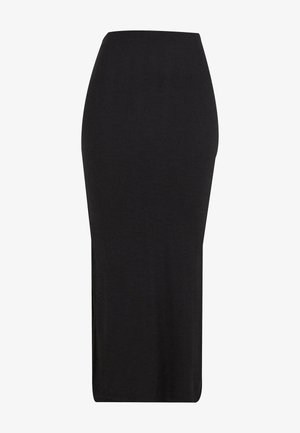 Falda midi negra de canalé con una silueta ajustada, que cuenta con un material elástico y un dobladillo recto para una apariencia elegante.