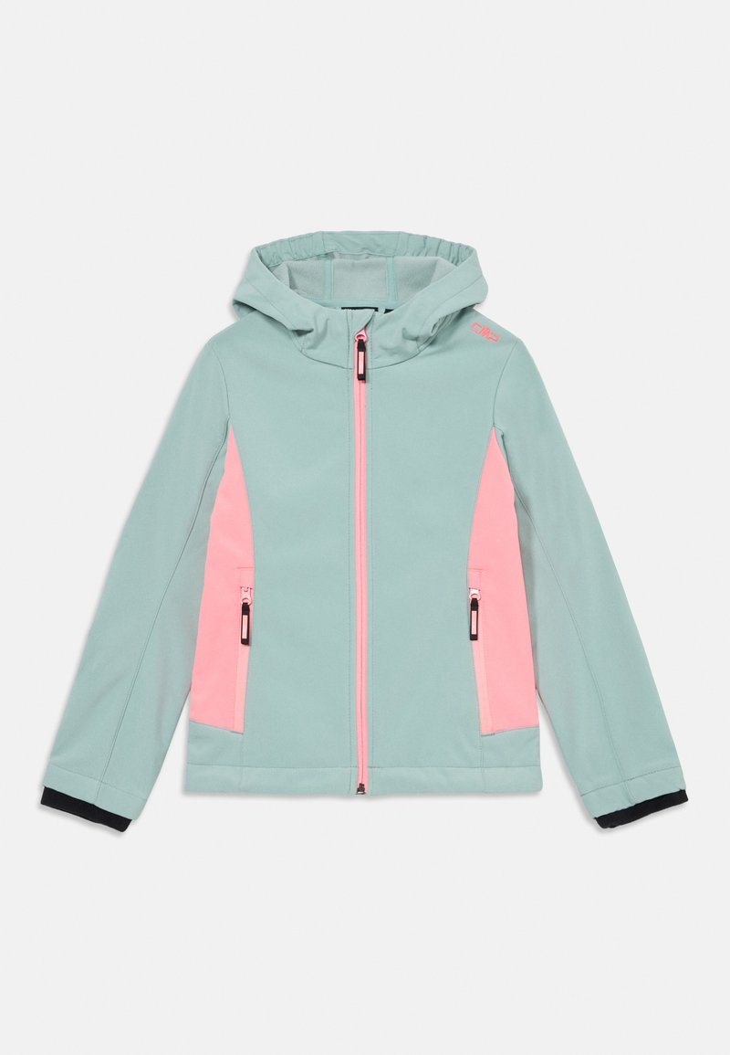 Softshell-Jacke mit mintgrünem Körper, pinken Seitenpaneelen, Kapuze, Reißverschluss-Taschen und kontrastierenden schwarzen Bündchen.
