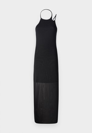 Svart maxi kjole med halterneck-design, laget av gjennomsiktig stoff og med en rett silhuett, kjennetegnet av minimalistiske detaljer.