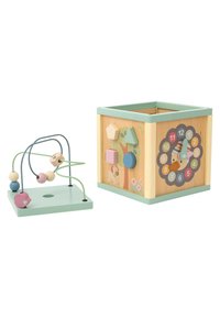 Wooden activity cube with pastel-colored accents, featuring geometric shapes, a clock with hands, and a bead maze in green and pink tones.