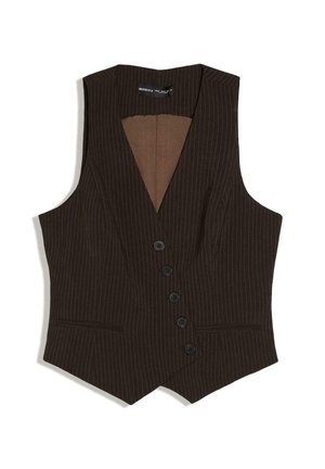 Dark brown pinstripe tailored vest with five black buttons and two front welt pockets, sleeveless design with a V-neck collar.
