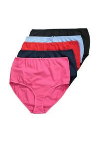 Vijf paren hooggebitte vrouwenondergoed in roze, rood, marineblauw, lichtblauw en zwart, met een elastische tailleband en strikken op de voorkant.