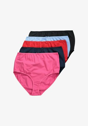 Cinque paia di lingerie femminile a vita alta in rosa, rosso, blu navy, azzurro e nero, con un elastico in vita e fiocchetti sulla parte anteriore.