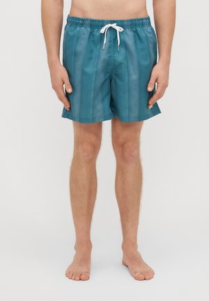 Simshorts i en teal-färg, med en lättviktsdesign, elastiskt midjeband med en vit dragsko och sidofickor för enkel rörelse.
