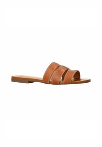 Brown leather slide sandal with three wide straps, flat sole, and white stitching details. Minimalist design with open toe and heel.