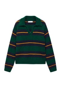 Zielony sweter z dzianiny z dekoltem w serek i kołnierzem, zdobiony poziomymi paskami w kolorze granatowym i pomarańczowym. Miękka faktura, krótki krój.
