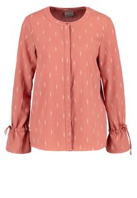 Blouse corail à manches longues avec petits motifs verticaux clairs, col rond, boutonnée sur le devant et poignets froncés avec liens.