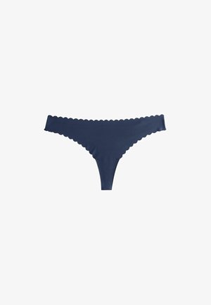 Navy blue thong underwear with scalloped edges, made from smooth fabric. Features a minimalistic design with a V-shaped back.