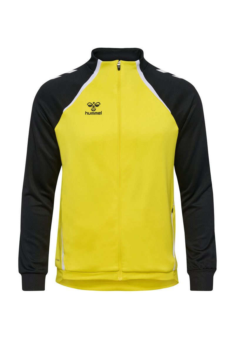 Chaqueta amarilla y negra con un cuello alto, cierre de cremallera y acentos blancos en contraste. Fabricada con un tejido ligero y suave, presenta un logo en el pecho.