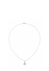 Srebrna lančić ogrlica s privjeskom u obliku kruške svijetloplavog dragog kamena okruženog malim prozirnim akcentima.